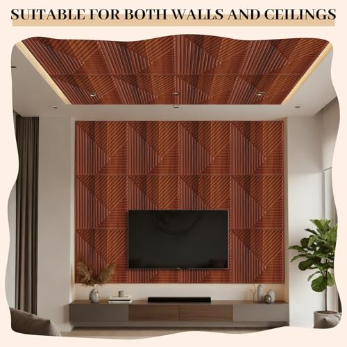 Hahafelt 20 Pack 3D Fluted Wall Panels, 12'' x 12'' Cover 20 Sq. ft, Waterproof PVC Textured Wood Grain Slat Tiles for Interior Wall Ceiling TV Background Living Room Bedroom Office Lobby Home Decor