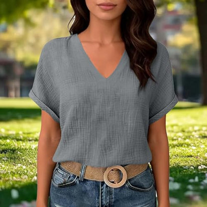 Womens Shirts Cotton Linen v Neck Short Sleeve Blouses Casual Loose Fit Textured Summer Pullovers Daily Wear - color: A03-gray, size: Medium