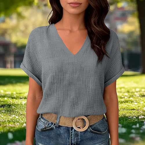 Womens Shirts Cotton Linen v Neck Short Sleeve Blouses Casual Loose Fit Textured Summer Pullovers Daily Wear - color: A03-gray, size: Large