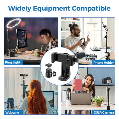 Camera Desk Mount Stand with 1/4" Ball Head and Phone Holder Clip, Desktop Light Stand, 14"-23.6" Adjustable Light Stand, for DSLR Camera,Ring Light,Webcam,Phone