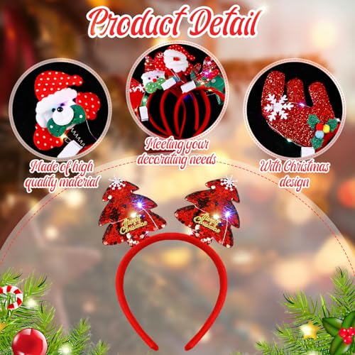 Jexine 24 Pcs Christmas Light up Headbands LED Christmas Headbands with Different Designs Reindeer Antler Santa Hat Tree Xmas Hat Bow Hair Hoop for Xmas Party Favors Decoration Adult Women