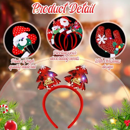 Jexine 24 Pcs Christmas Light up Headbands LED Christmas Headbands with Different Designs Reindeer Antler Santa Hat Tree Xmas Hat Bow Hair Hoop for Xmas Party Favors Decoration Adult Women