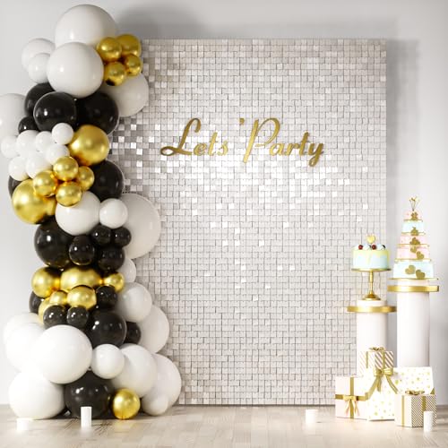 COKAOBE Mirror White Shimmer Wall Backdrop, 24PCS Square Sequin Shimmer Backdrop Panel, Photo Backdrops for Birthday, Anniversary, Wedding, Graduation & Bachelorette Party Decoration - color: Mirror White, size: 24pcs (6x4ft)