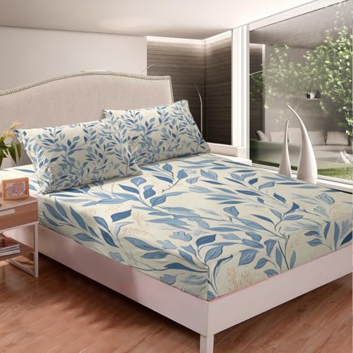 Feelyou Plant Sheet Set Twin Size Kids Floral Nordic Bed Sheets Set for Boys Girls Teens Blossoming Iris Flowers Sheets with Deep Pocket Fitted Sheet Breathable Botanical Garden Bedding Set Bed Set - color: Blue Beige, size: Twin