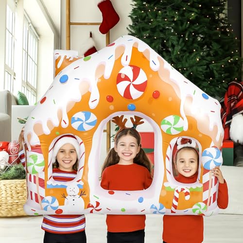 Colingmill 55 Inch Christmas Gingerbread House Photo Frame Inflatable Balloon Decorations Photo Backdrop Booth Selfie Frame Background for Xmas Gift Party Supplies - style: Gingerbread House