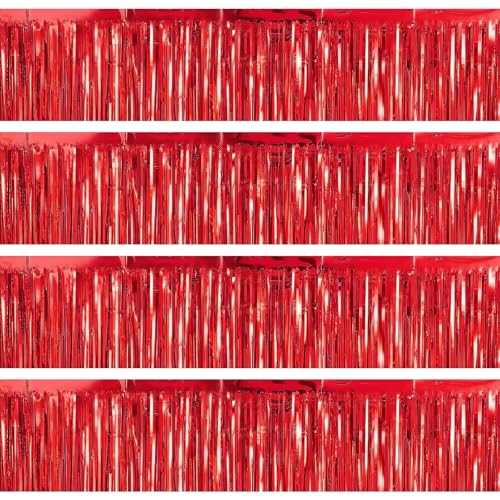 4 Packs Foil Fringe Garland Tinsel Streamers Shiny Wall Hanging Birthday Banner Backdrop for Graduation Wedding Anniversary Celebration Happy Birthday Party Decorations Red - color: Red