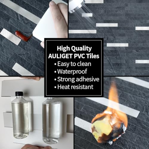 AULIGET 2 Sheets Black Slate Peel and Stick Backsplash, PVC Mixed Metal Silver Wall Tile Stick on Backsplash for Kitchen and Bathroom - color: Black Slate + Metal Silver, size: 2 Sheets, 6"x12"x0.12"