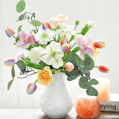 FiveSeasonStuff Real Touch Rainbow Tulips Bouquet, 15 Multicolor Artificial Stems with Soft PU Petals - color: Pastel Rainbow