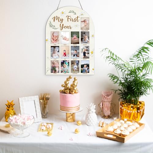 Daisy My First Year Photo Board Frame, 12 Monthly Baby Milestone Wooden Sign, Gender Neutral Nursery Decor for Girl Boy, Baby Keepsake Gifts for 1st Daisy Birthday Decorations-A03 - color: Daisy 2