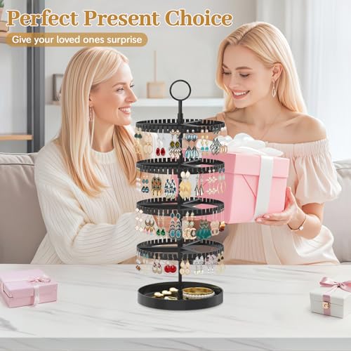 MODOWEY 4 Tier Rotating Earring Holder Organizer Display Tree with Metal Tray, Adjustable Plastic Stand with 228 Slots for Stud Hoop Hanger, Large Capacity Storage Rack for Women Space Saving, Black - color: Jet Black