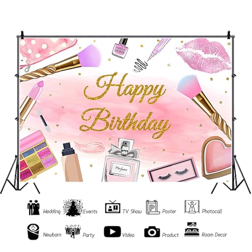 9x6ft Spa Happy Birthday Backdrop for Girls Pink Cosmetics Photography Background Birthday Makeup Theme Party Sweet 16th Decoration Supplies Photo Booth Props - size: 9x6ft