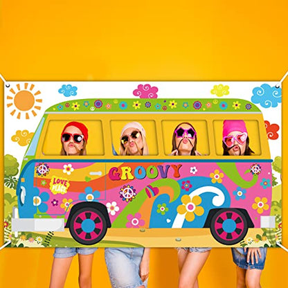 60's Hippie Bus Photo Prop 60s Party Decorations Large Fabric Retro Groovy Van Prop Hippie Selfie Frame Backdrop Background Banner Birthday Party Supplies Retro 60s 70s Party Favors 65.8 x 35.4 Inch - style: 60's Hippie