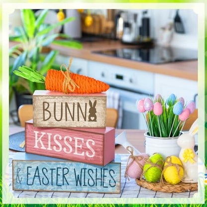 Moucuny 4 Pcs Easter Table Decoration Wooden Block Carrot Decor Easter Tiered Tray Decoration Cute Bunny Centerpiece Rustic Carrot Sign Gift for Holy Week Kitchen, Party, Entryway Fireplace Decor - style: Easter