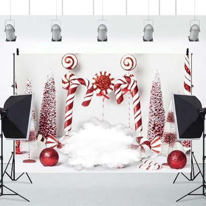 Christmas Backdrop Winter Red Candy Cane Balls Background New Year Photography Banner for Birthday Christmas Party Celebration Decorations Supplies Photo Studio Photobooth Props 7x5ft - size: 7x5 ft