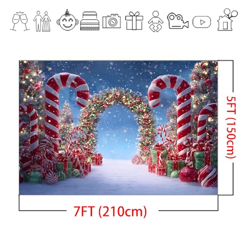 Mocsicka 7x5ft Christmas Candy Cane Photography Backdrop Winter Candyland Christmas Eve Party Decorations Background Christmas Tree Garland Photo Prop Supplies - size: 7x5ft