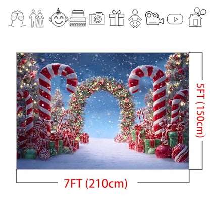 Mocsicka 7x5ft Christmas Candy Cane Photography Backdrop Winter Candyland Christmas Eve Party Decorations Background Christmas Tree Garland Photo Prop Supplies - size: 7x5ft