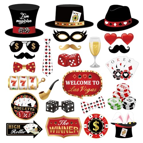 25 Pieces Casino Photo Booth Props, Las Vegas Photo Booth Props, Poker Selfie Prop for Casino Theme Party Decorations, Poker Party Decoration, Game Night Vegas Themed Party Decorations