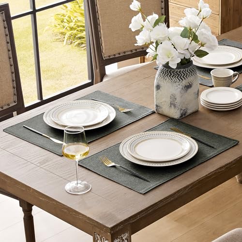 Romanstile Cloth Placemats Set of 8-12 x 18 Inch, Heat Resistant Double Layered Thickened Burlap Place Mats, Washable Faux Linen Farmhouse Table Mats for Kitchen/Dining/Party/Outdoor, Dark Grey - color: Charcoal Grey, size: Placemats 12" X 18", Set of 8