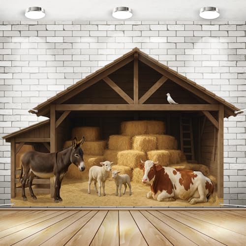Panelee 9.8x6.5ft Christmas Nativity Backdrop Decoration Nativity Stable Scene Backdrop Banner Farm Barn Manger Straw Bales Haystack Yard Garage Door Wall Decor for Xmas Holiday Party Decor - style: Classic