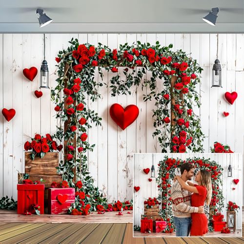 5 x 3 ft Valentine's Day Backdrop Rustic Barn White Wall Red Rose Love Heart Balloon Background Wedding Bridal Party Valentine's Day Engagement Backdrops Portrait Photo Booth Props - color: Red4, size: 5x3ft