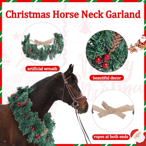 Dingion Christmas Wreath Horse Christmas Horses Neck Garland 16.9 Inches Artificial Outdoor Garland Horse Costume Rustic Farmhouse Decor for Xmas Holiday Party Parades Supplies(Green Wreath Style) - style: Green Wreath Style
