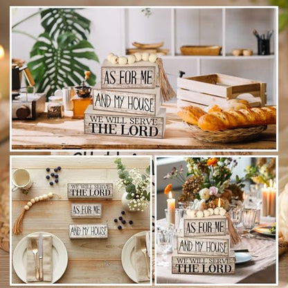 Yuntau 4 Pcs Farmhouse Bible Verse Decor Farmhouse Tiered Tray Decor Rustic Retro Wood Bead Garlands for Me and My House We Will Serve the Lord Block Christian Jesus Sign for Home Shelf Mantel - style: Bible Verse