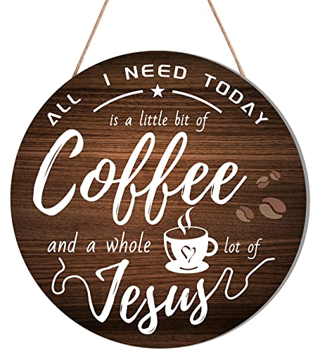 HMASYO Rustic Wood Coffee Bar Signs - 'All I Need Today is A Little bit of Coffee and A Whole Lot of Jesus' for Home, Office Cafe Bar Station Decor,12'' x 12'' - color: Coffee & Jesus-White