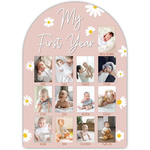Daisy My First Year Photo Board Frame, 12 Monthly Baby Milestone Wooden Sign, Gender Neutral Nursery Decor for Girl Boy, Baby Keepsake Gifts for 1st Daisy Birthday Decorations-A13 - color: Daisy 5