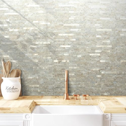 AULIGET 2 Sheets Faux Stone Peel and Stick Backsplash, Sandstone with Champagne Gold PVC Wall Tiles Stick on Backsplash for Kitchen - color: Sandstone + Champagne Gold, size: 2 Sheets, 6"x12"x0.12"