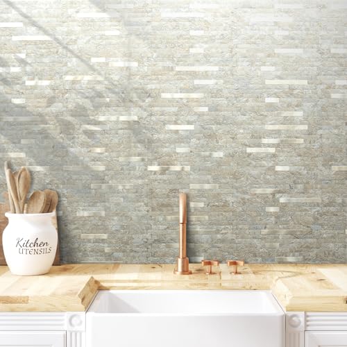 AULIGET 2 Sheets Faux Stone Peel and Stick Backsplash, Sandstone with Champagne Gold PVC Wall Tiles Stick on Backsplash for Kitchen - color: Sandstone + Champagne Gold, size: 2 Sheets, 6"x12"x0.12"