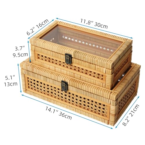 SwallowLiving Handwoven Rattan Storage Boxes with Glass Lid, Set of 2 – Decorative Wicker Organizer with Metal Latch, Wooden Frame Display Box for Jewelry, Keepsakes, Cosmetics, Natural Color