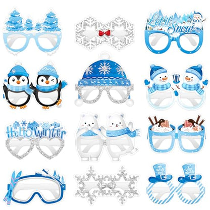 KALEFO 24Pcs Hello Winter Paper Glasses Party Decorations Winter Wonderland Snowflake Photo Booth Props Kit Blue Wedding Holiday Birthday Skiing New Year Party Supplies - color: Winter Glasses
