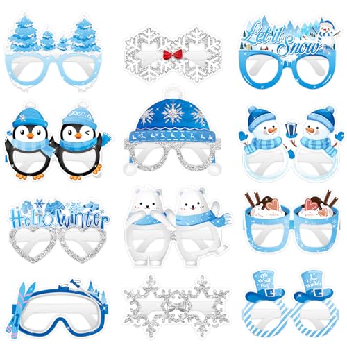 KALEFO 24Pcs Hello Winter Paper Glasses Party Decorations Winter Wonderland Snowflake Photo Booth Props Kit Blue Wedding Holiday Birthday Skiing New Year Party Supplies - color: Winter Glasses
