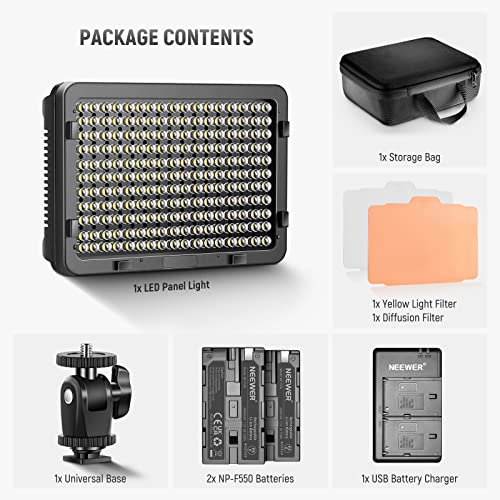 NEEWER Dimmable 176 LED Video Light Lighting Kit: 176 LED Panel 3200-5600K, 2 Pieces Rechargeable Li-ion Battery, USB Charger and Portable Durable Case for Canon, Nikon, Pentax, Sony DSLR Cameras