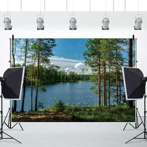 5x3ft Forest Lake Photo Backdrop Park Lakeside Green Trees Natural Scenery Background Banner Spring Summer Countryside Outdoor Picnic Camping Hiking Decor Kids Adults Portrait Studio Props - size: 5x3ft