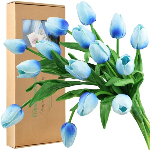 FiveSeasonStuff Real Touch Tulips Artificial Flowers – 15 Stems Faux Tulip Bouquet in Gift Box for Wedding, Home Decor, Party, Floral Arrangements (Maya Blue) - color: #18 Maya Blue
