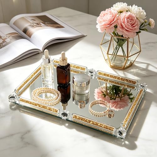 Gold Glass Tray, 11.8" x 7.9" Decorative Crystal Glass Cosmetic Perfume Display Tray for Gorgeous Dresser Countertop,Noble Jewelry Organizer with Diamond for Home Decor,Banquet Party - color: S Golden