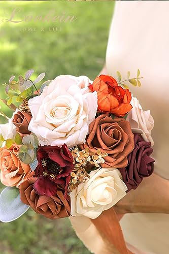 Lookein Set of 4 Bridesmaid Bouquet for Wedding 7 Inch Artificial Flowers Bouquet Wedding Bouquet Bridal Bouquet Tossing Bouquet for Wedding Ceremony Anniversary Bridal Shower, Chic Terracotta - color: 7" Chic Terracotta