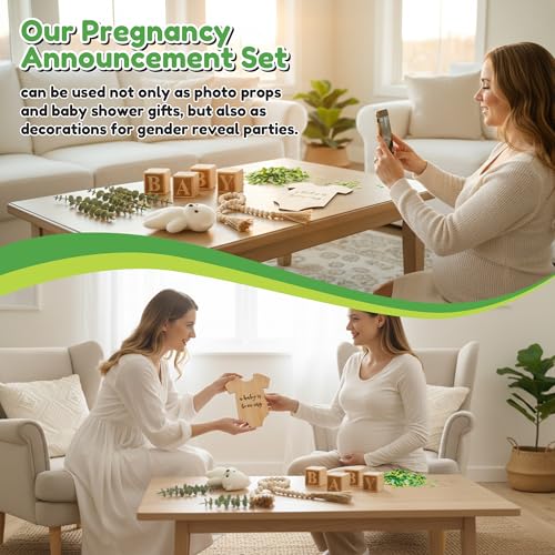 12Pcs Pregnancy Announcement Set Pregnancy Reveal Ideas Include Wooden Sign Beads Garland Wood Blocks Eucalyptus Leaves and Bear Coming Soon Baby Announcement Props for Grandparents Dad Husband Family - color: Green