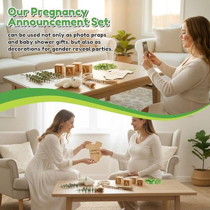12Pcs Pregnancy Announcement Set Pregnancy Reveal Ideas Include Wooden Sign Beads Garland Wood Blocks Eucalyptus Leaves and Bear Coming Soon Baby Announcement Props for Grandparents Dad Husband Family - color: Green
