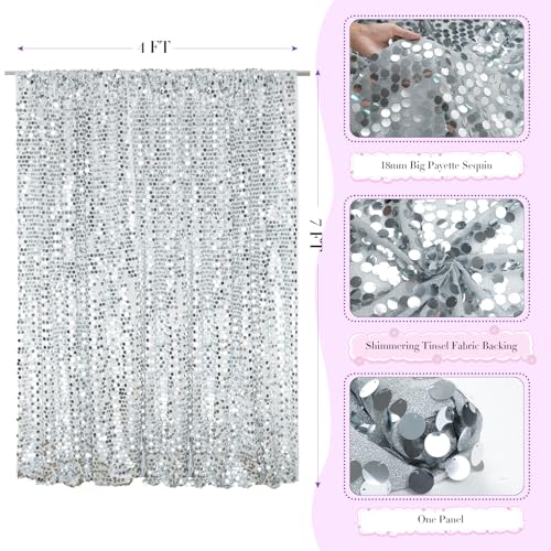 SquarePie Shimmer Wall Backdrop Big Payette Sequin Curtain 4FT x 7FT Silver Background for Party Wedding 1 Panel - color: Silver