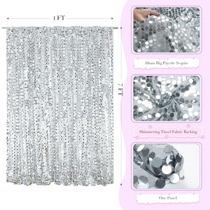 SquarePie Shimmer Wall Backdrop Big Payette Sequin Curtain 4FT x 7FT Silver Background for Party Wedding 1 Panel - color: Silver
