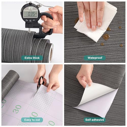 Black Grasscloth Peel and Stick Wallpaper Linen Textured 24"x787" Faux Grassweave Upgraded Thick Extra Large Self-Adhesive Neutral Contact Paper Vinyl Roll for Home Use - color: gray black, size: 787" x 24"