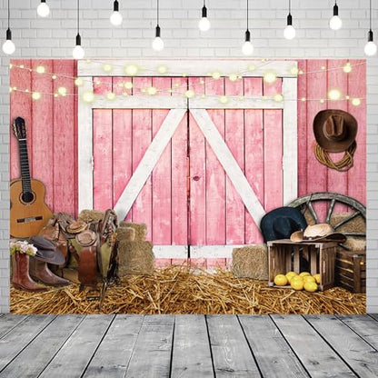Western Backdrop Rustic Pink Wooden House Barn Door Background Hay Wild West Photography Banner for Birthday Rodeo Cowboy Themed Party Decorations Photo Photobooth Props 5x4ft - size: 5x4 ft