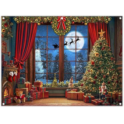Fabric 8x6ft Christmas Window Photography Backdrop Winter Merry Xmas Tree Background Night Snow Party Decoration Holiday Photo Banner Props - size: 8'x6'