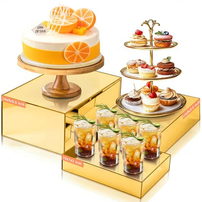 3 Pack Extra Large Acrylic Buffet Risers - 14”, 12”, 10” Gold Display Stands with Hollow Bottoms, Cube Riser Boxes Nesting for Dessert Food Catering Buffet Display Party Supplies - color: Gold, size: 14”,12”,10”