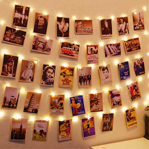 HXWEIYE 50LEDs Photo String Light, Warm White 16.4Ft Battery Powered Fairy Light with 52 Clear Clips & 10 Hooks on Wall for Hanging Picture Dorm Bedroom Party - color: Warm White, size: Battery Powered-50LEDs
