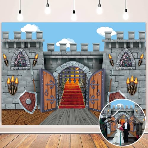 Medieval Party Backdrop Medieval Castle Wall Arched Door Window Knight Photography Background Medieval Vintage Castle Boys Children Birthday Party Photo Props (8x6FT) - size: 8x6FT