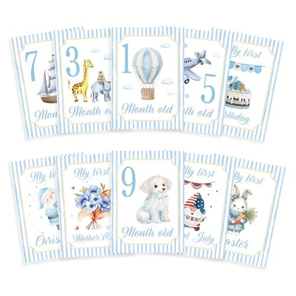 Baby Milestone Cards, 10pcs Double Sided Newborn Photo Prop, Baby Boy First Holiday, First Year Monthly Milestone Cards, Blue Pregnancy Announcement Ideas Decor Supplies(02) - style: Blue