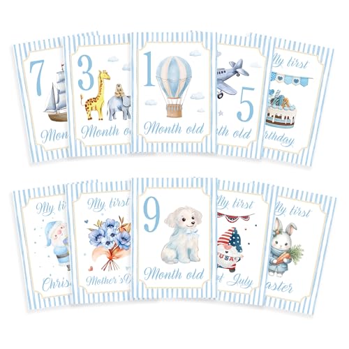 Baby Milestone Cards, 10pcs Double Sided Newborn Photo Prop, Baby Boy First Holiday, First Year Monthly Milestone Cards, Blue Pregnancy Announcement Ideas Decor Supplies(02) - style: Blue